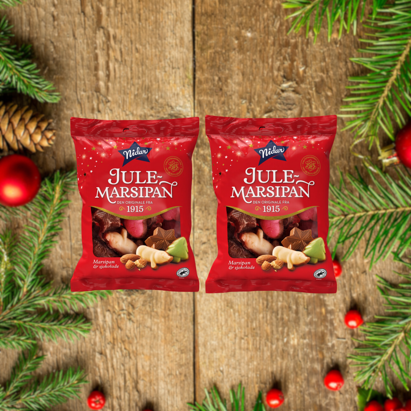Nidar Julemarsipan og Sjokoladepose (2 Pack) 130g (4.5 oz) - Nidar Christmas Marzipan and Chocolate Bag (2 Pack)