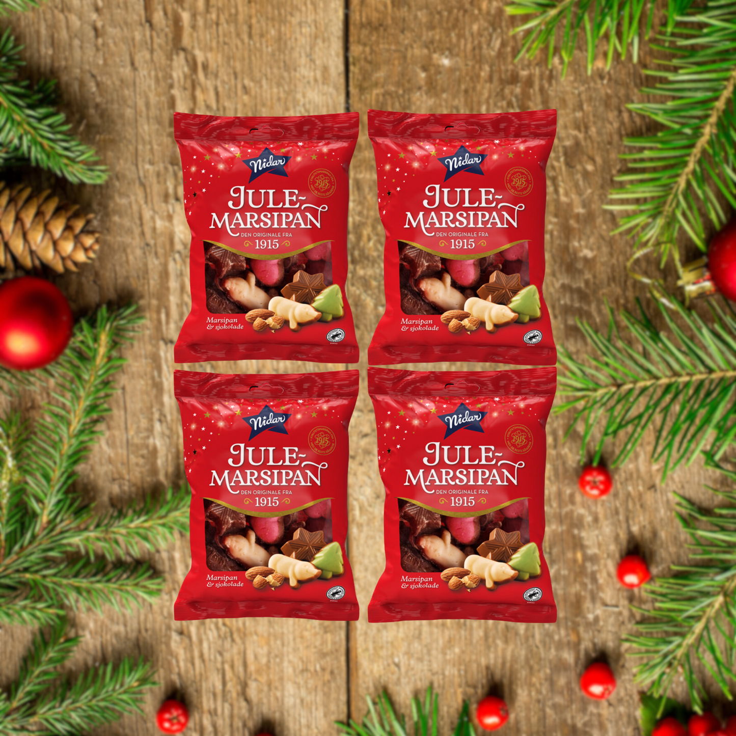 Nidar Julemarsipan og Sjokoladepose (4 Pack) 130g (4.5 oz) - Nidar Christmas Marzipan and Chocolate Bag (4 Pack)