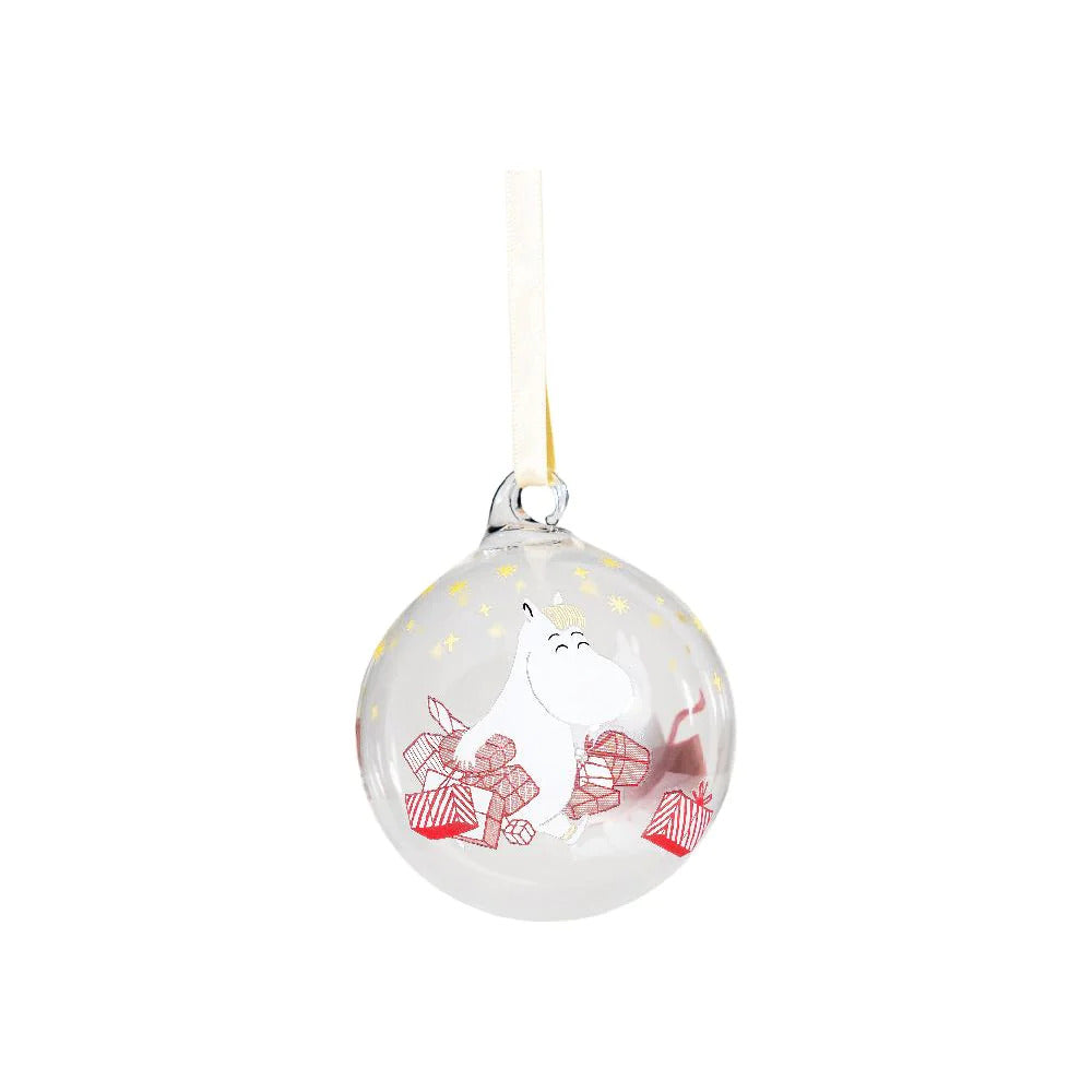 Moomin Glass Christmas Gifts Ornament - Finnish Holiday Presents Handblown Garland Bubbles 2.75 in (7 cm)