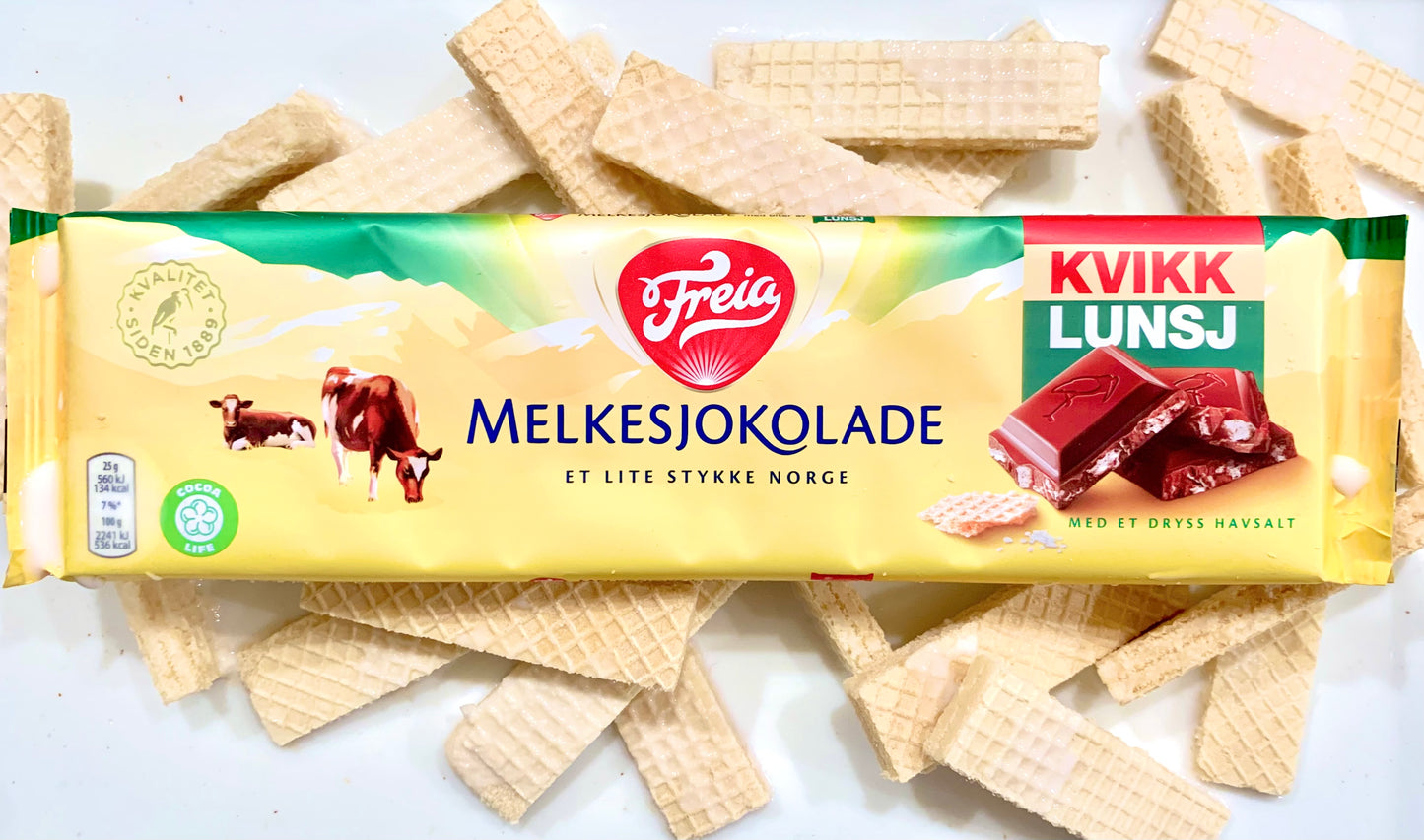 Freia Melkesjokolade Kvikk Lunsj - Freia Milk Chocolate with Kvikk Lunsj 200 grams (7 oz)