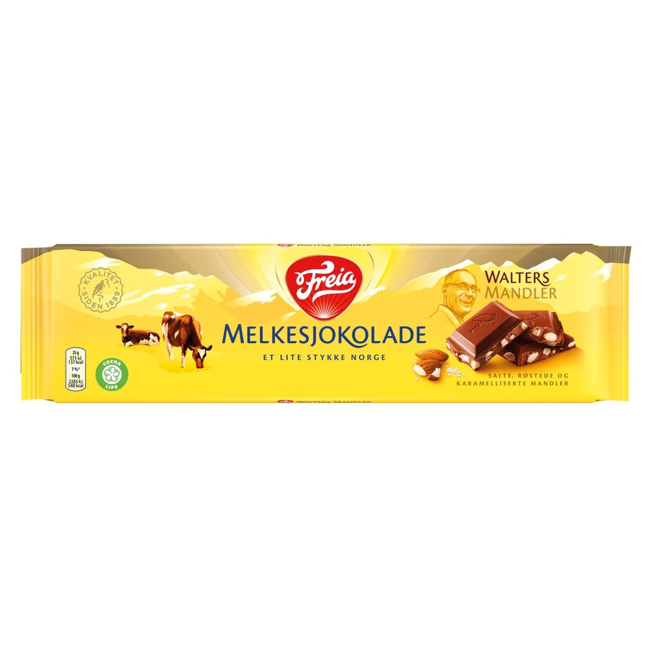 Freia Melkesjokolade Walters Mandler – Milk Chocolate with Walters Almonds 200 grams (7 ounces)